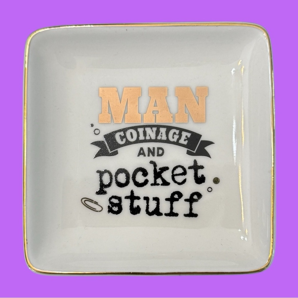 NWT White Ceramic Jewelry/Keys/Trinket Dish Black & Gold Man Coinage 🙋‍♂️